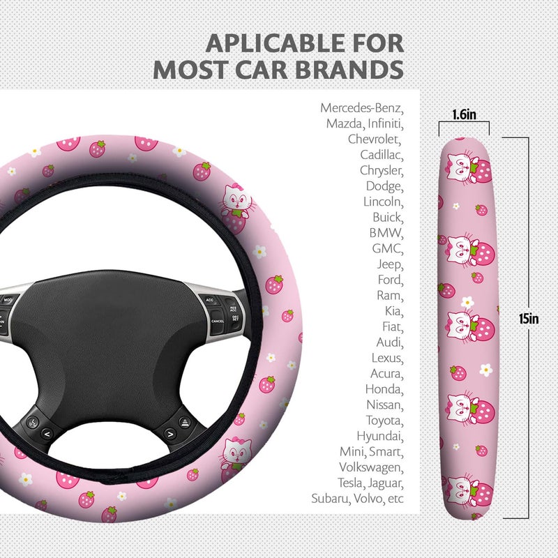 Zadin Kitty Accessories Car  Strawberry Pink Hello Cat Wheel Cover  Y2K Car Accessories  Girly Steering Wheel Cover  Universal Fit 14.5-15 inch Auto SUV Vans Trucks  Anti-Slip and Sweat Absorption - Image 2